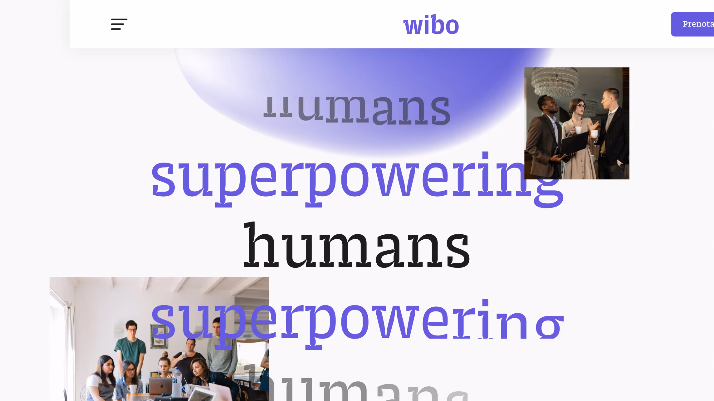 Website header with text 'superpowering humans' repeated in various sizes and colors, featuring photos of groups of people working and discussing.