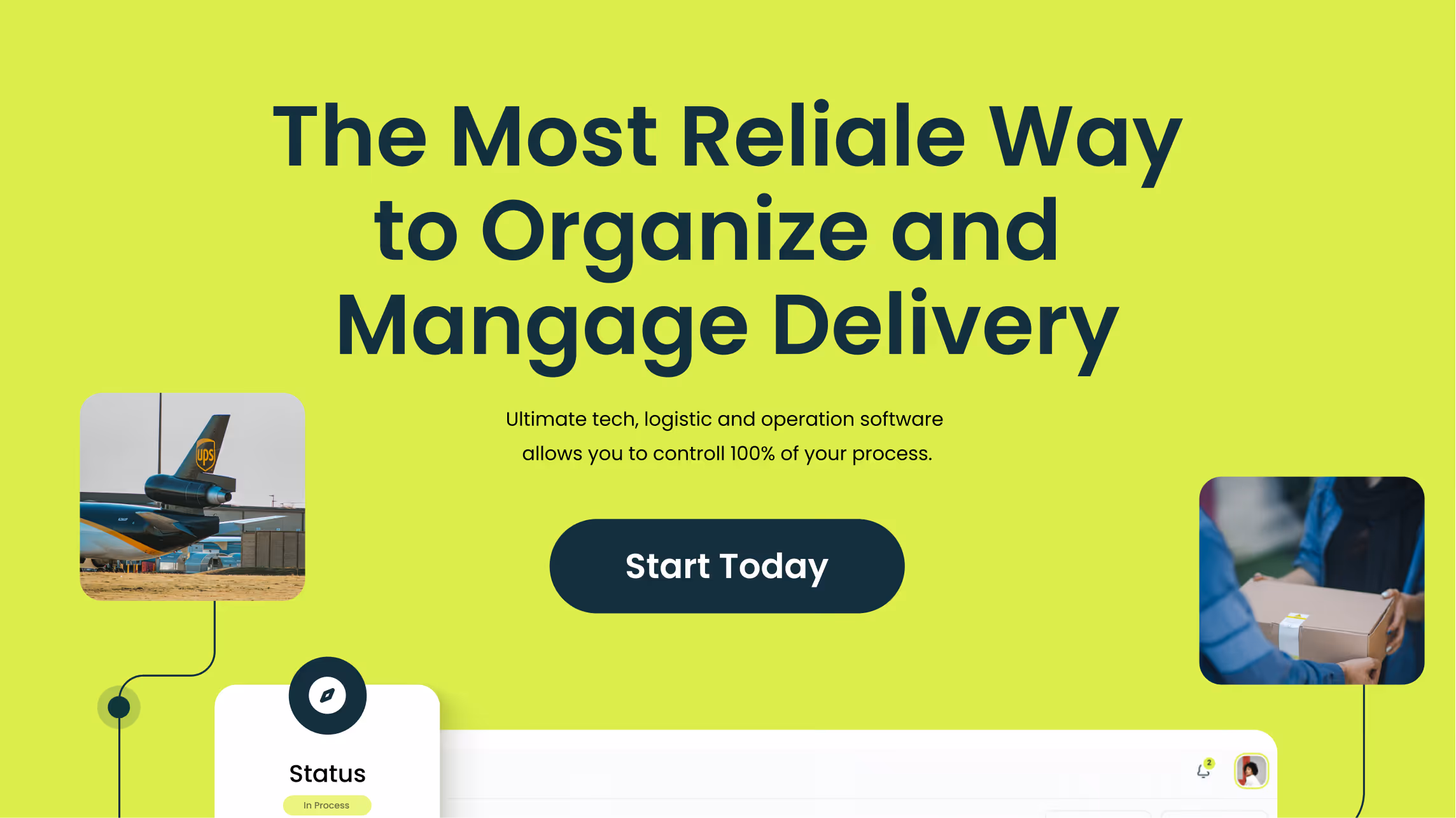 Delivery service webpage with green background, showing a UPS cargo plane, a package handoff, and text promoting delivery organization software.