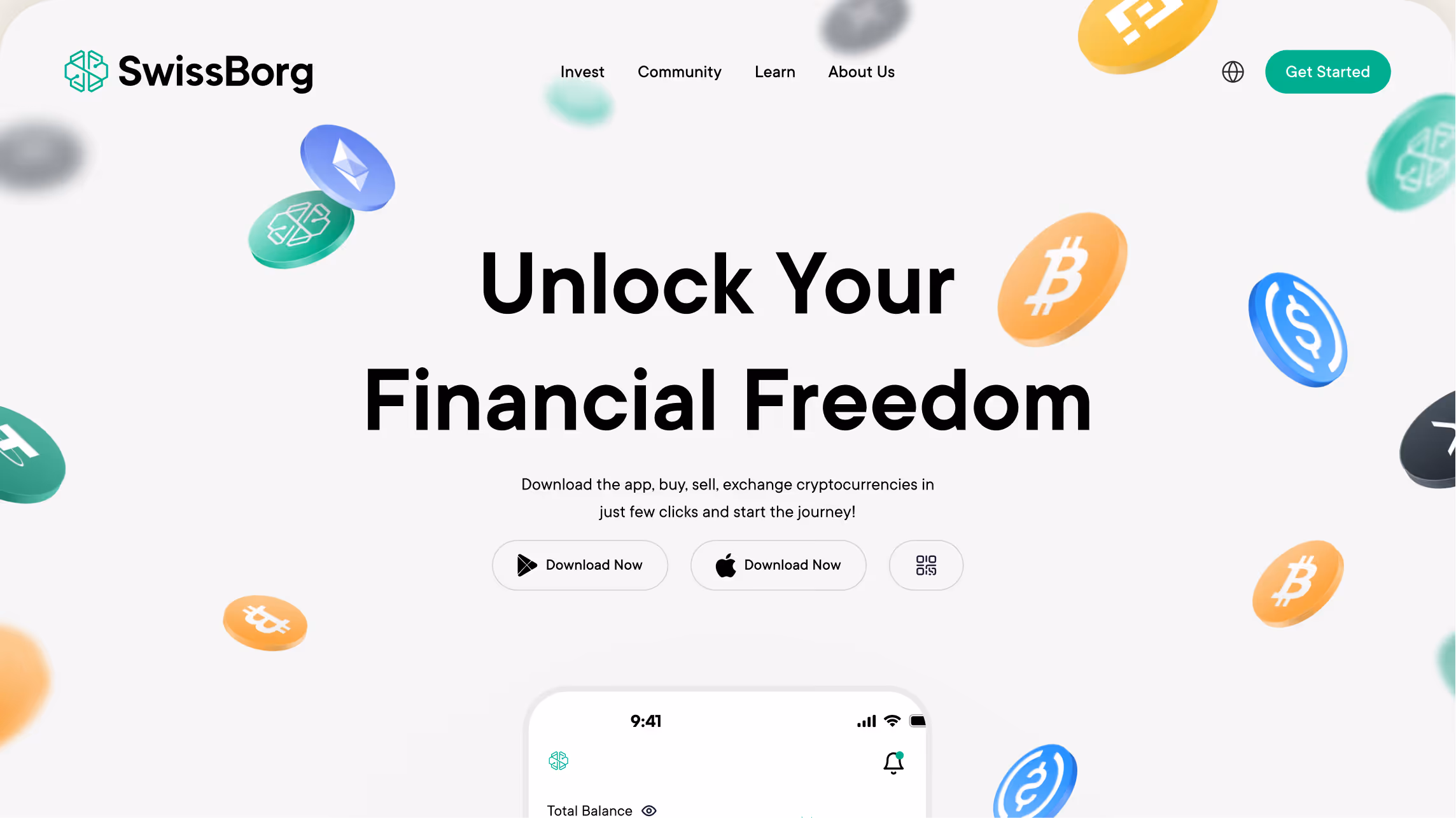 SwissBorg website header with floating cryptocurrency icons and text inviting users to unlock financial freedom and download the app.