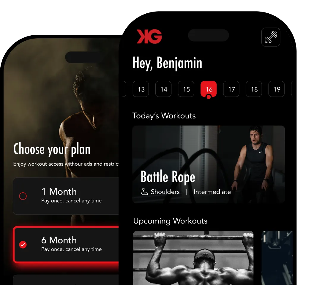 Workout app interface showing a subscription plan selection with 6 months chosen, today's workout Battle Rope for shoulders at intermediate level, and upcoming workouts with a man doing pull-ups.