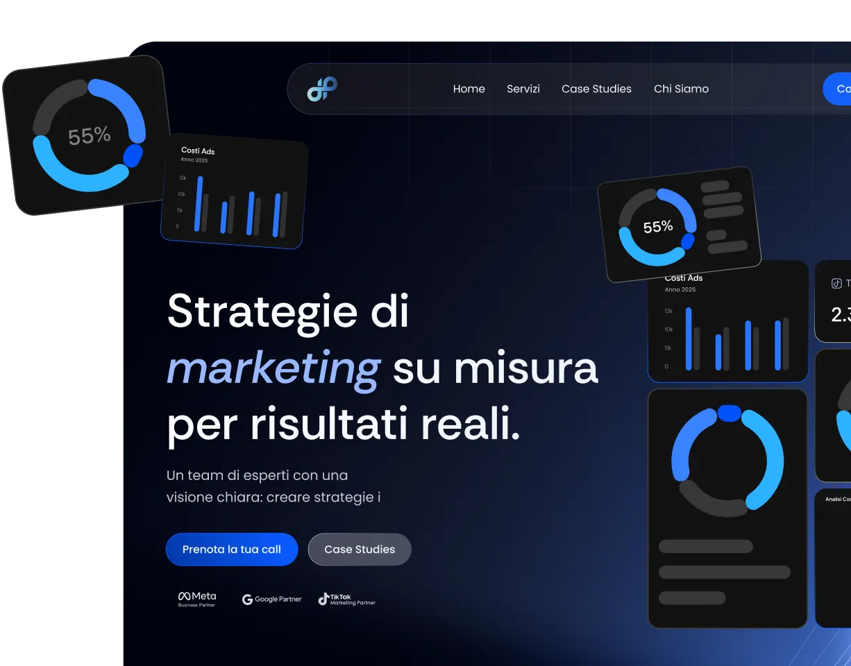 Italian website homepage showing marketing strategy text, call-to-action buttons, and charts with percentage data.