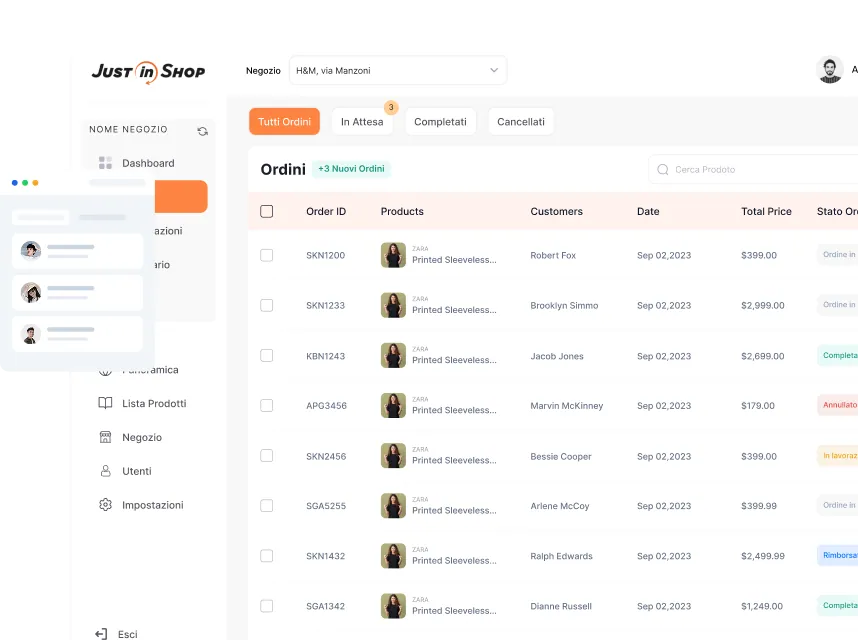 E-commerce dashboard showing order list with columns for order ID, product image and name, customer name, date, total price, and order status, with navigation menu on the left.