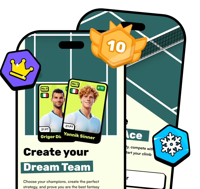 Two virtual tennis player cards of Grigor Dimitrov and Yannik Sinner on a tennis court background with text encouraging creating a dream team.