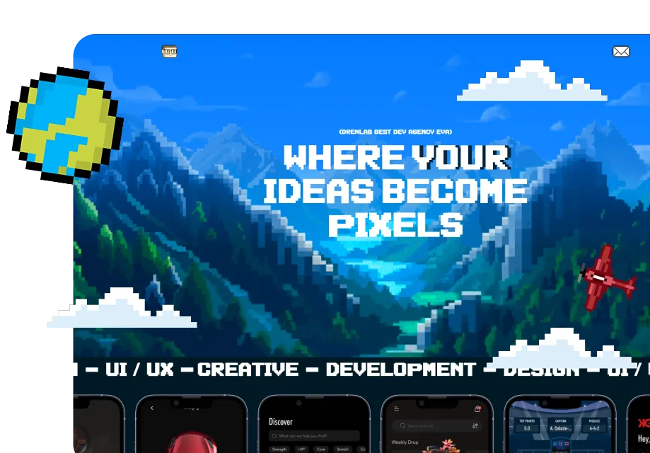Pixel art style website homepage with mountains and sky background, text reading 'Where your ideas become pixels', and pixelated icons including a planet, small face, and red airplane.