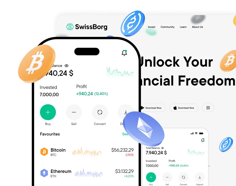 SwissBorg app interface on mobile showing portfolio balance, invested amount, profit percentage, and cryptocurrency favorites including Bitcoin and Ethereum with their current prices and trends.