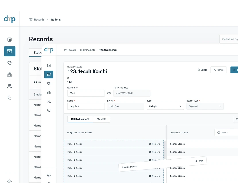 User interface of a Records management system showing details for product 123.4+cult Kombi including ID, External ID, Traffic Instance, Name, EDI-Number, Type, and Region Type with options to manage related stations and MA data.