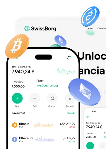 SwissBorg app interface showing total balance of $7,940.24 with Bitcoin and Ethereum favorites and options to buy, sell, convert, or deposit.