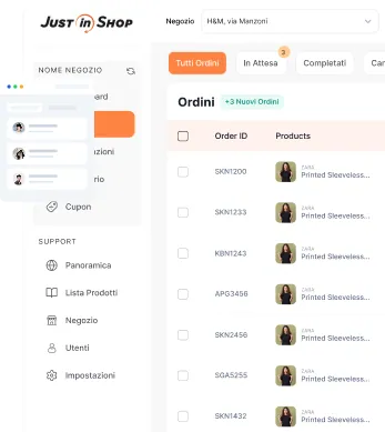 E-commerce dashboard showing order management with a sidebar menu and an orders list including product images and order IDs.