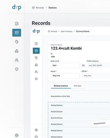 Dashboard interface showing 'Records' section with details for seller product '123.4+cult Kombi' including ID, External ID, Traffic Instance, Name, and related stations list.