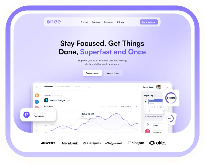 Website homepage for Once with the headline 'Stay Focused, Get Things Done, Superfast and Once' showing a dashboard interface with graphs and company logos below.