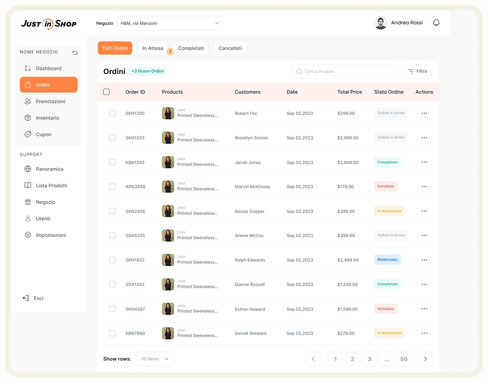 E-commerce order management dashboard showing order list with details like order ID, product image, customer name, date, total price, order status, and action menu.