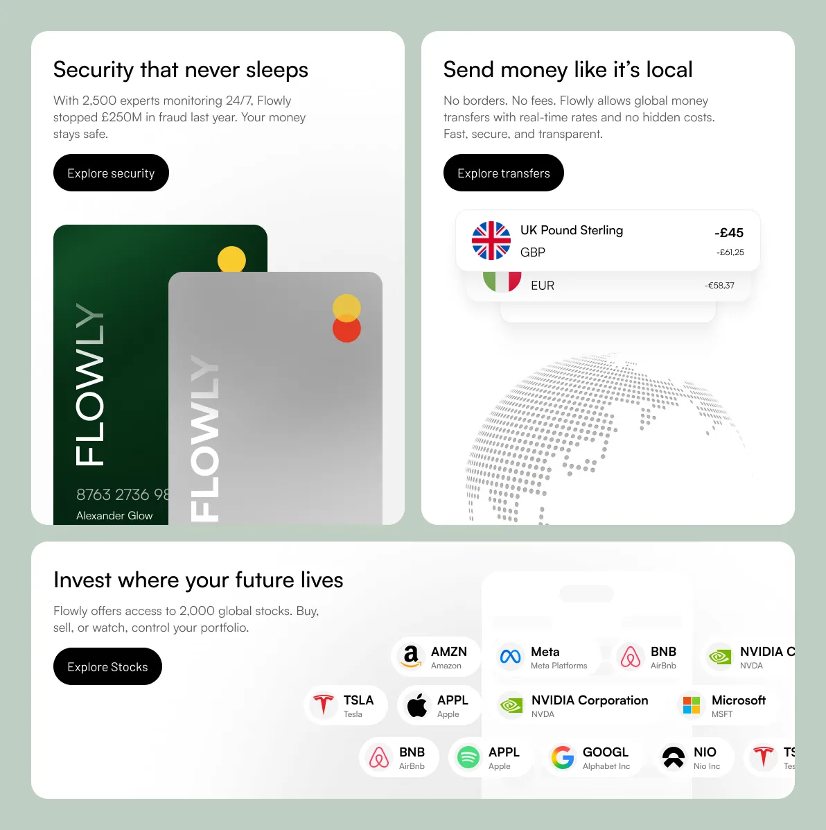 Three panels highlighting Flowly features: security with two Flowly cards, global money transfer with currency conversion showing UK Pound and Euro, and investment options with logos of various global stocks like Amazon, Tesla, Apple, and Microsoft.