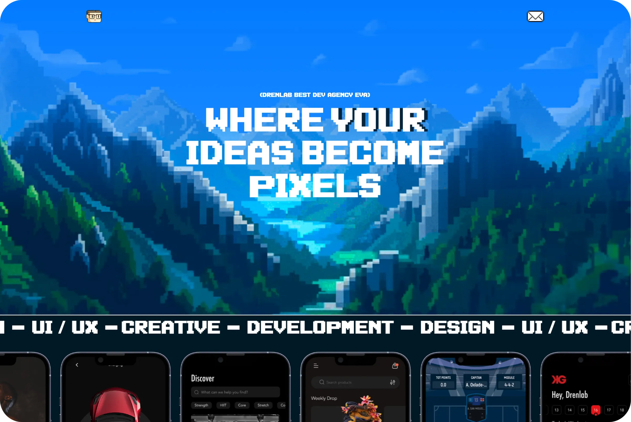 Drenlab homepage hero on desktop: pixel-art mountains with the line Where your ideas become pixels