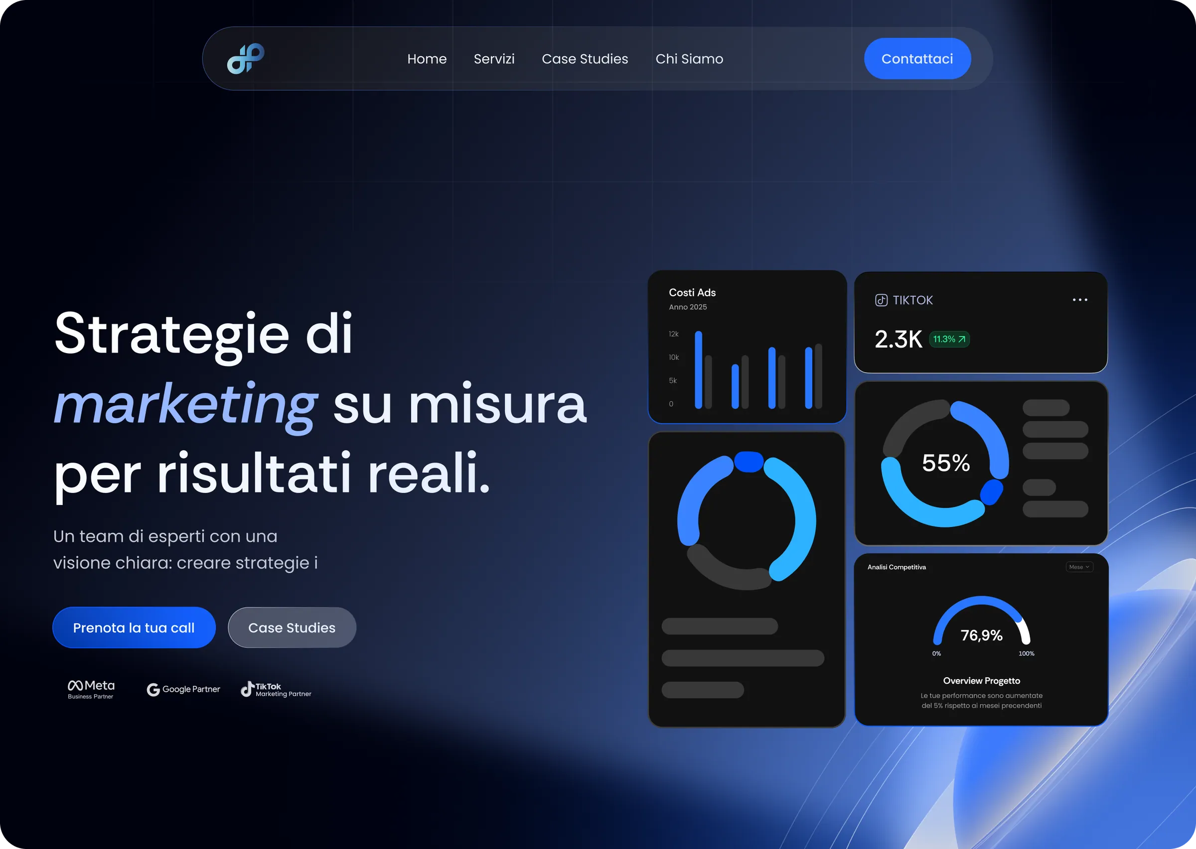 Dep Consulting homepage hero on desktop, with marketing dashboard cards