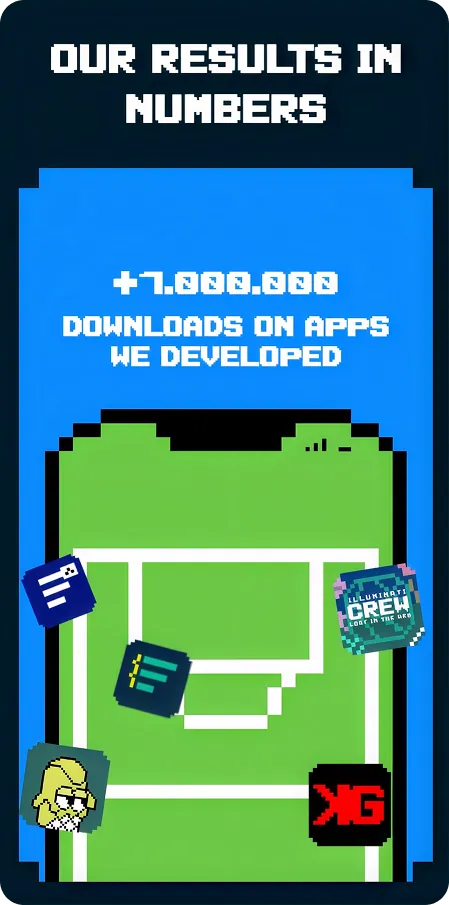 Drenlab results section on mobile: over 1,000,000 app downloads, in pixel-art style