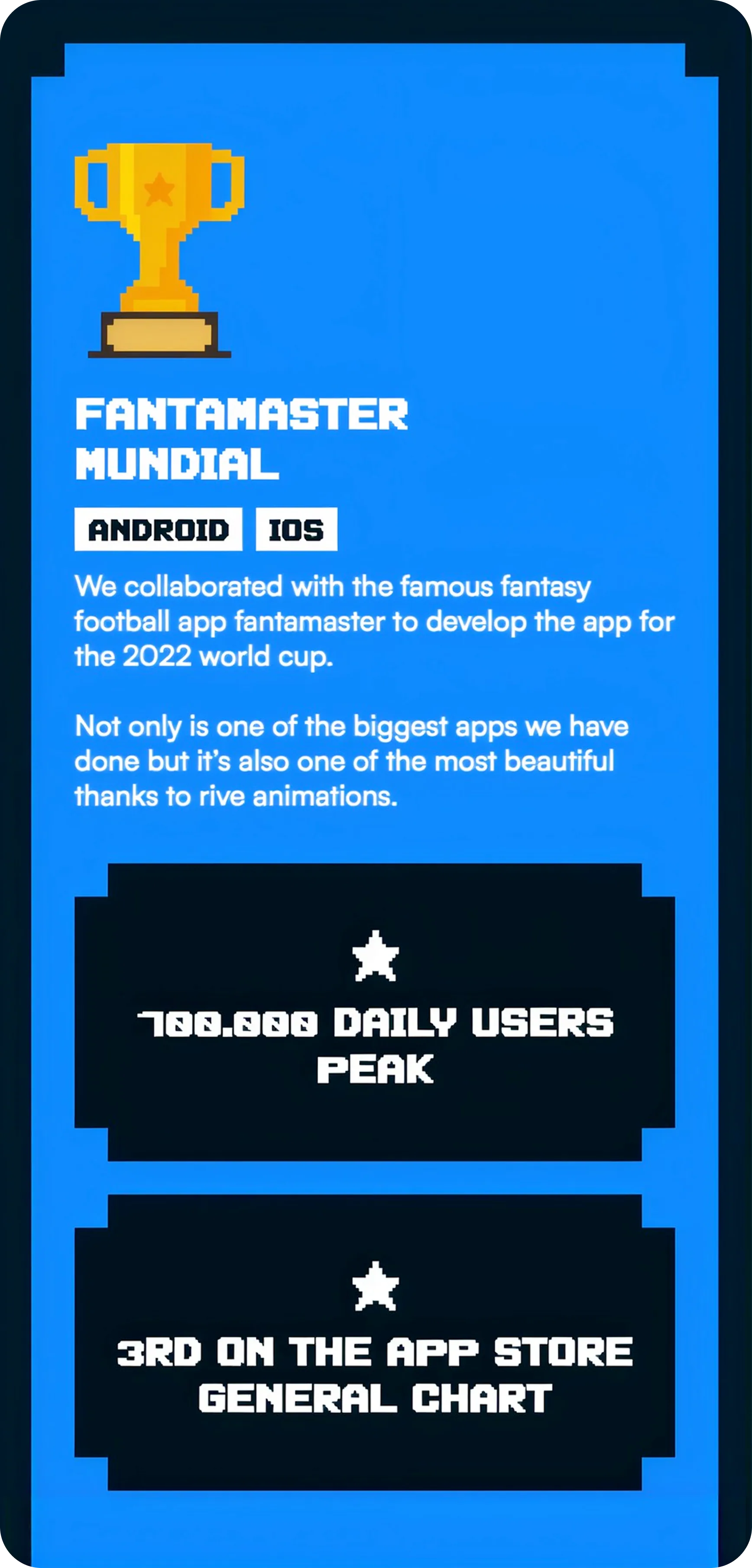 Drenlab Fantamaster Mundial case study on mobile, with daily users and App Store ranking