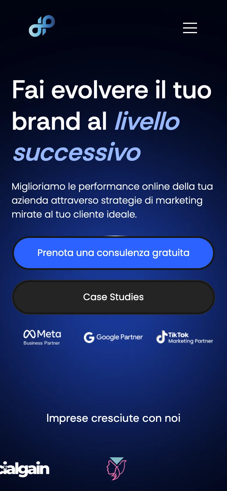 Dep Consulting homepage on mobile: headline, free consultation button and Meta, Google and TikTok partner badges