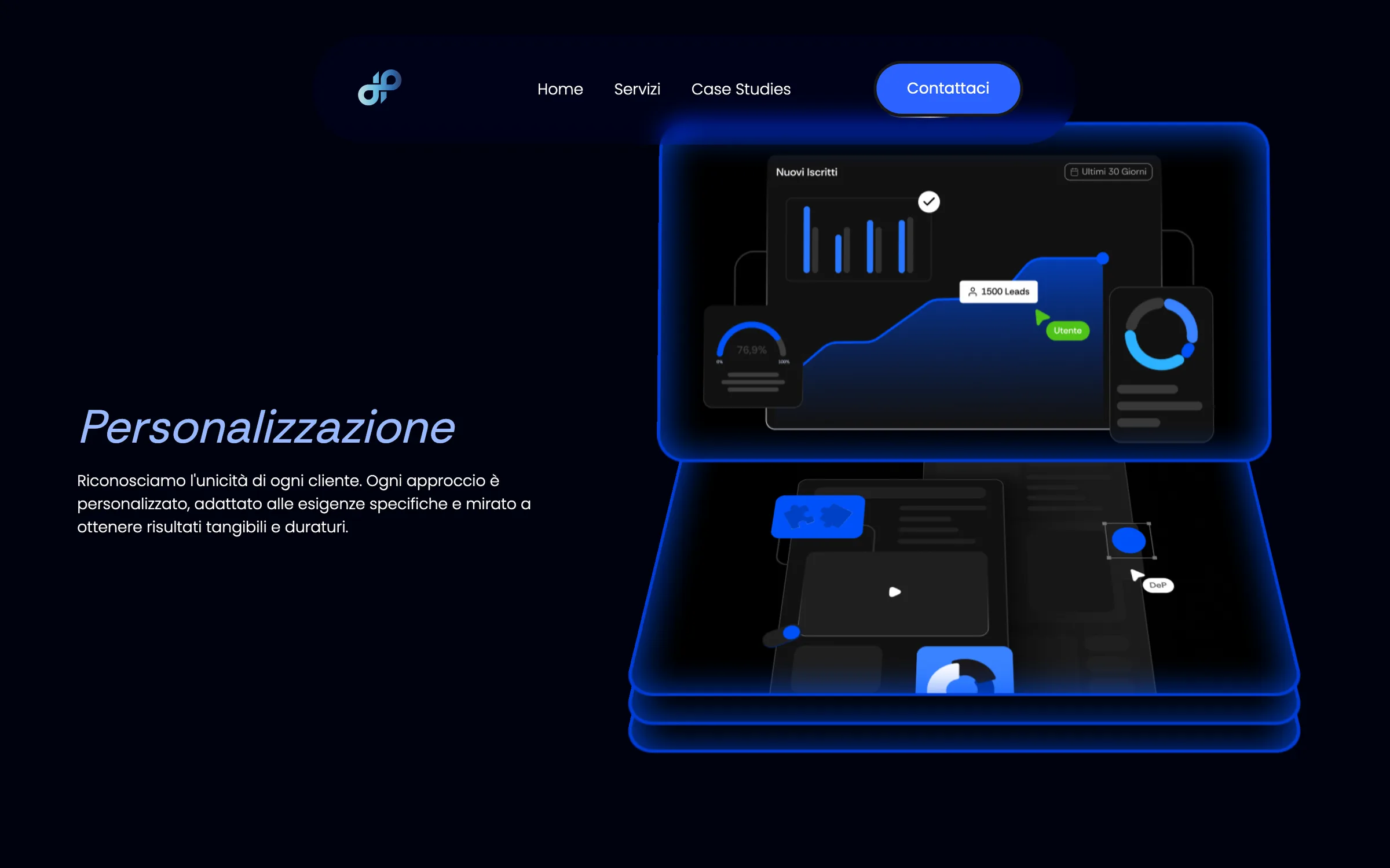 Dep Consulting website section on personalised marketing, with floating dashboard cards in blue