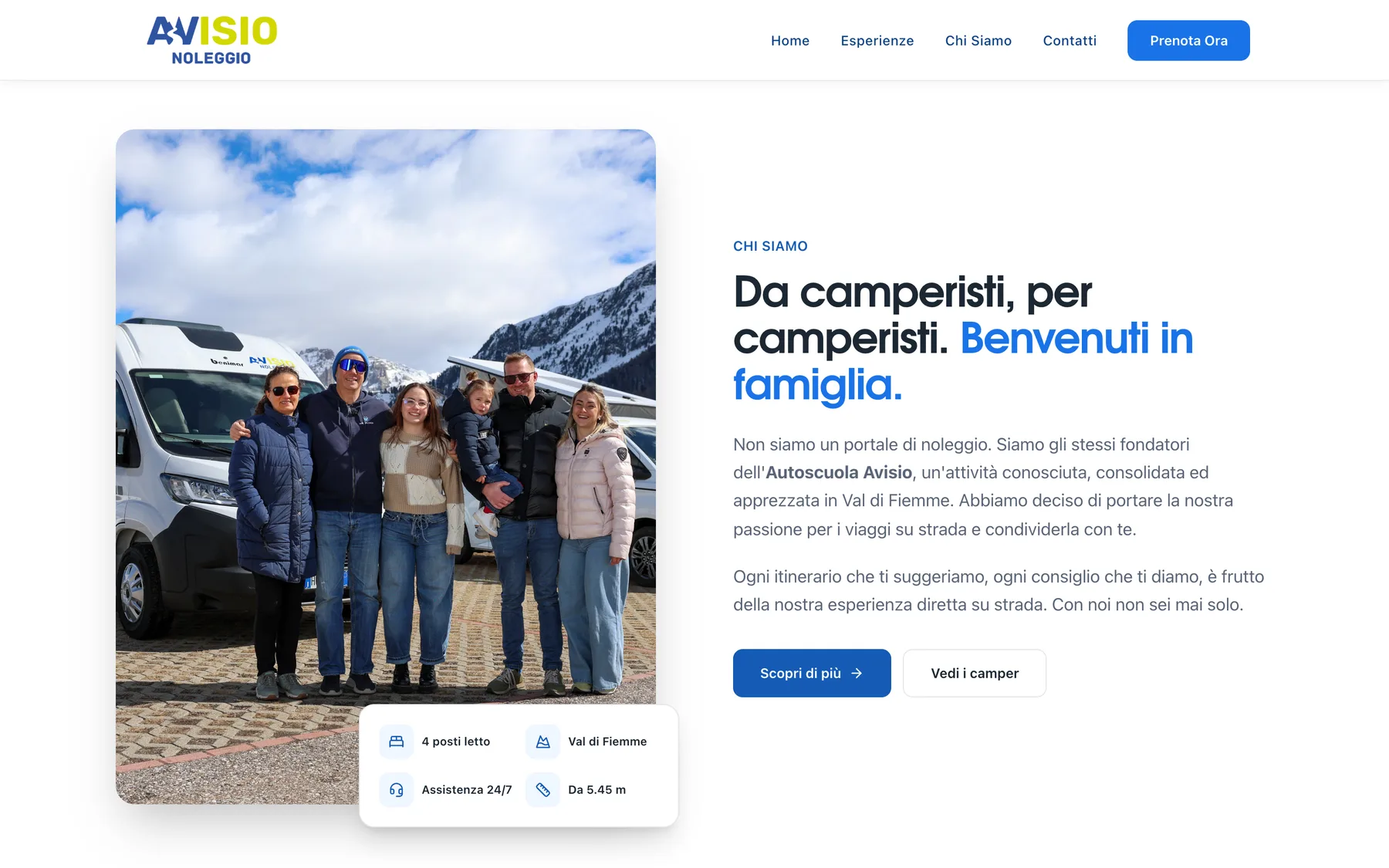 Avisio Noleggio about section: the founders in front of a camper, with the rental highlights