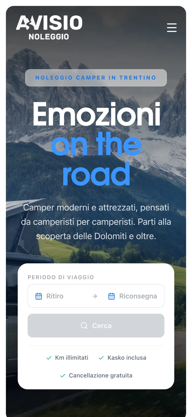 Avisio Noleggio homepage on mobile, with the booking search over the Dolomites